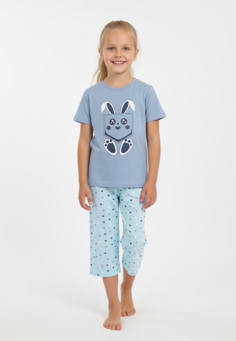 Pijama copii cu maneca scurta si pantaloni 3/4,culoare bleu, Engros